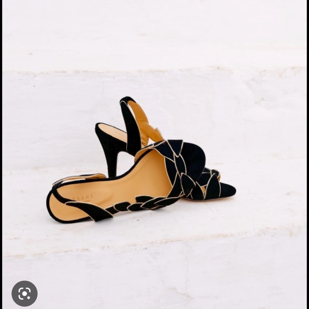Sezane Gisele heeled sandals. Black suede and gold leather.